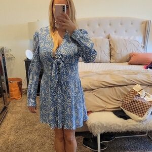 Ted Baker London Blue and White Long Sleeve Dress